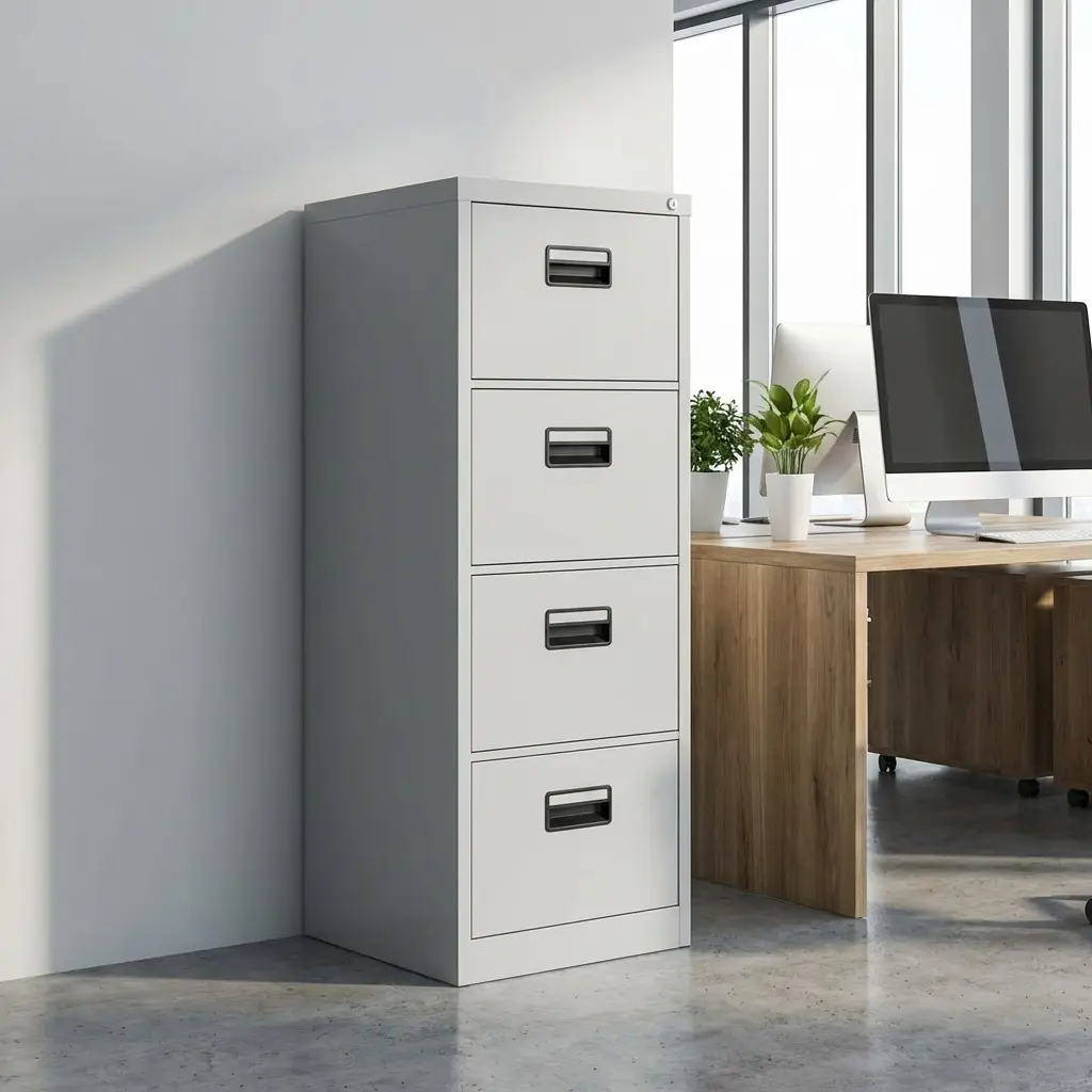 Industrial light grey 4-drawer metal filing cabinet with a central locking system and recessed black handles, positioned in a modern office next to a wooden desk.