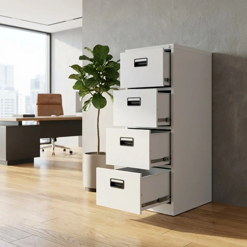 Industrial light grey 4-drawer metal filing cabinet with a central locking system and recessed black handles, positioned in a modern office next to a wooden desk.