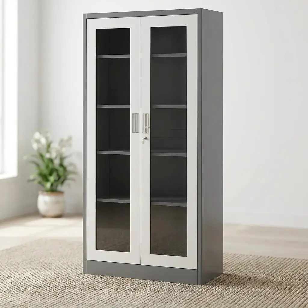 Industrial grey and white metal storage cabinet with dual glass doors, five adjustable shelves, and a secure locking mechanism for office or home organization.