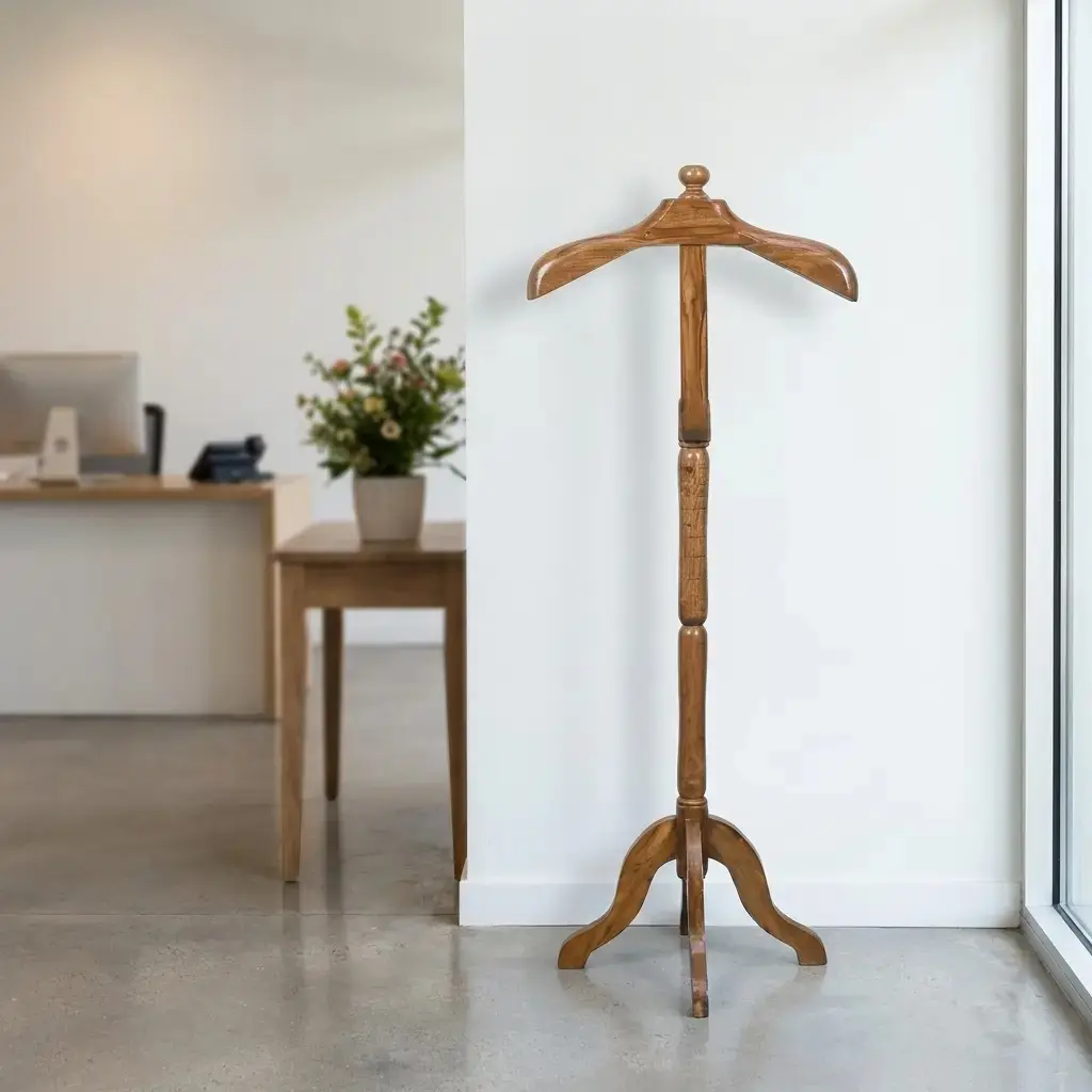 Elegant freestanding wooden coat stand with a curved suit hanger top and tripod base, featuring a rich mahogany finish for executive office or home hallway organization.