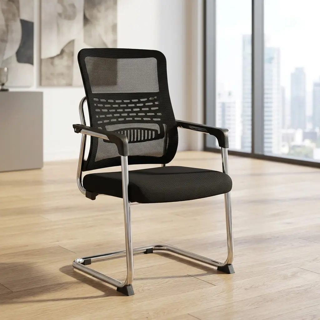 Ergonomic black mesh visitor chair with a chrome cantilever base, breathable backrest, and padded seat for professional office reception and meeting rooms.