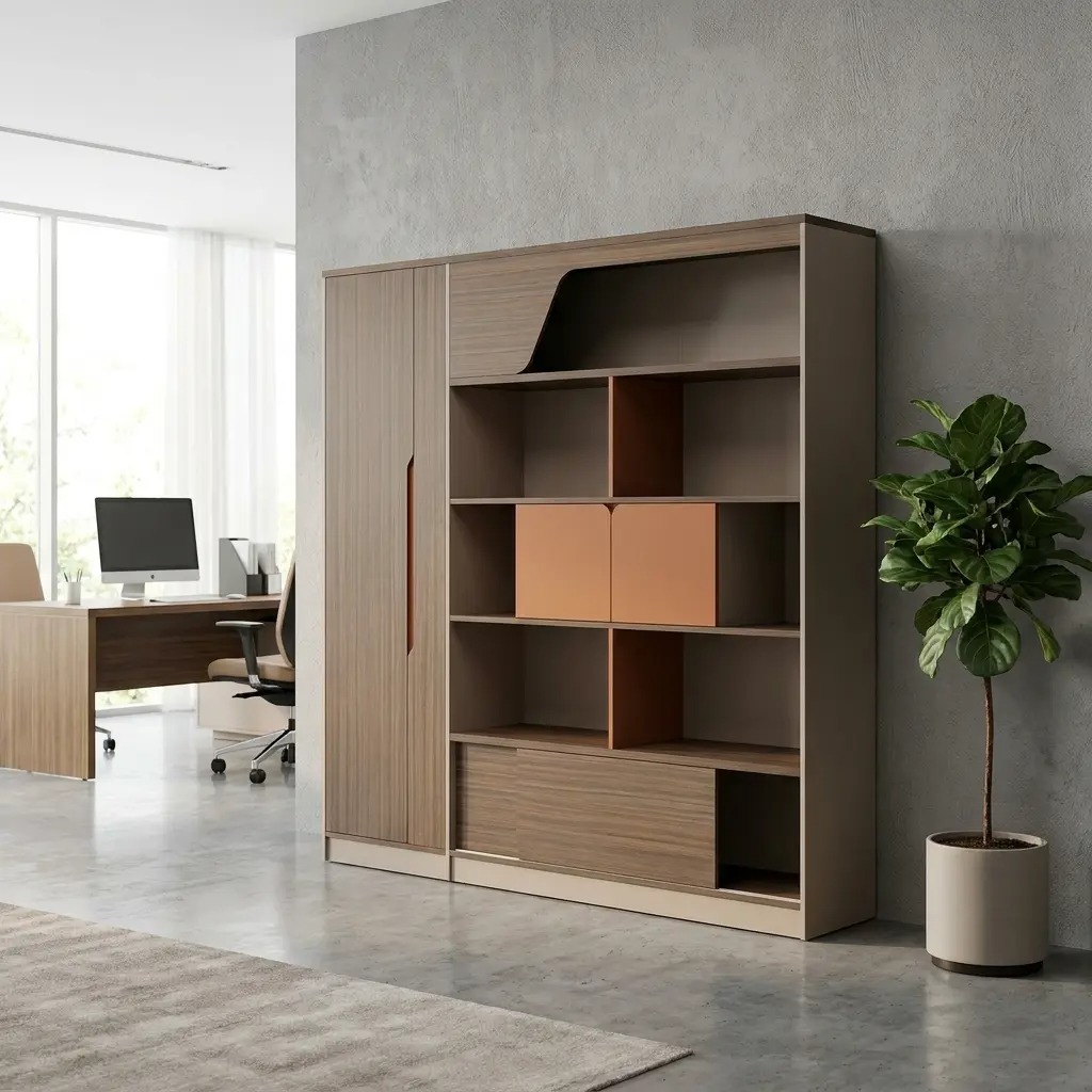 Modern modular storage cabinet with wood grain finish, open shelving, and integrated wardrobe door in a contemporary office setting.