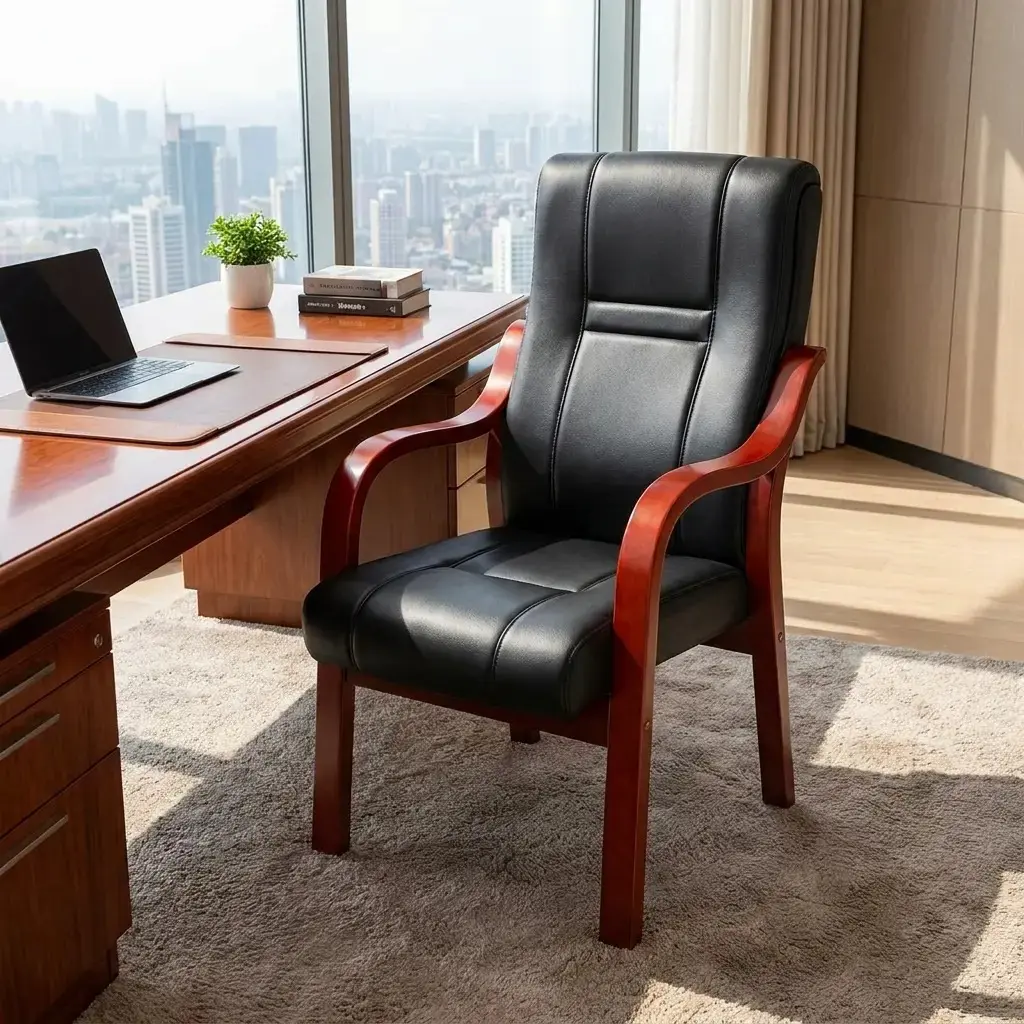 Black leather executive guest chair with mahogany wood frame in a modern office showroom.