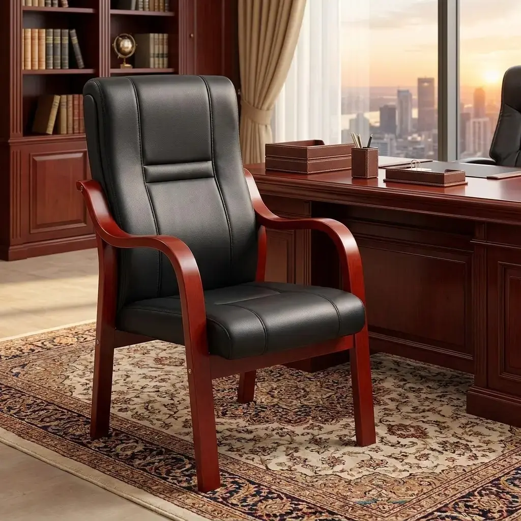 Black leather executive guest chair with mahogany wood frame in a modern office showroom.