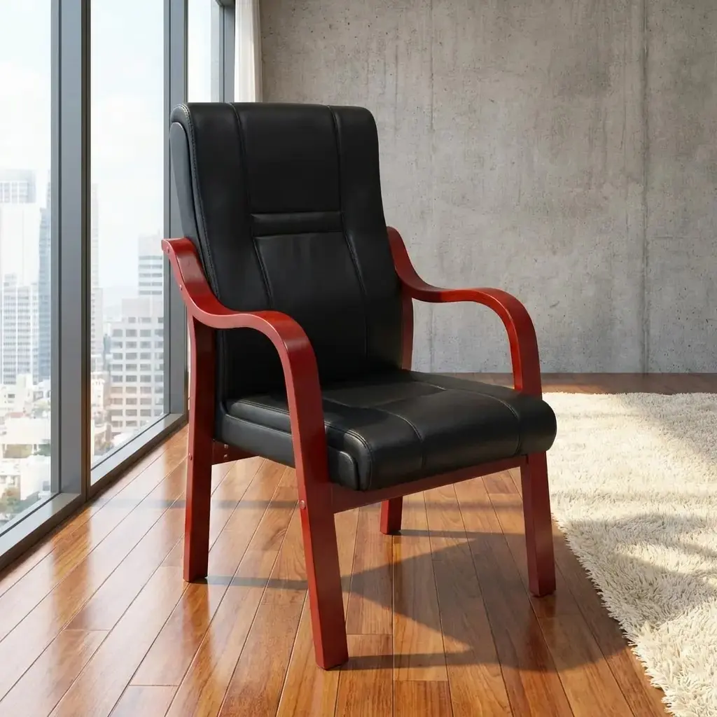 Black leather executive guest chair with mahogany wood frame in a modern office showroom.