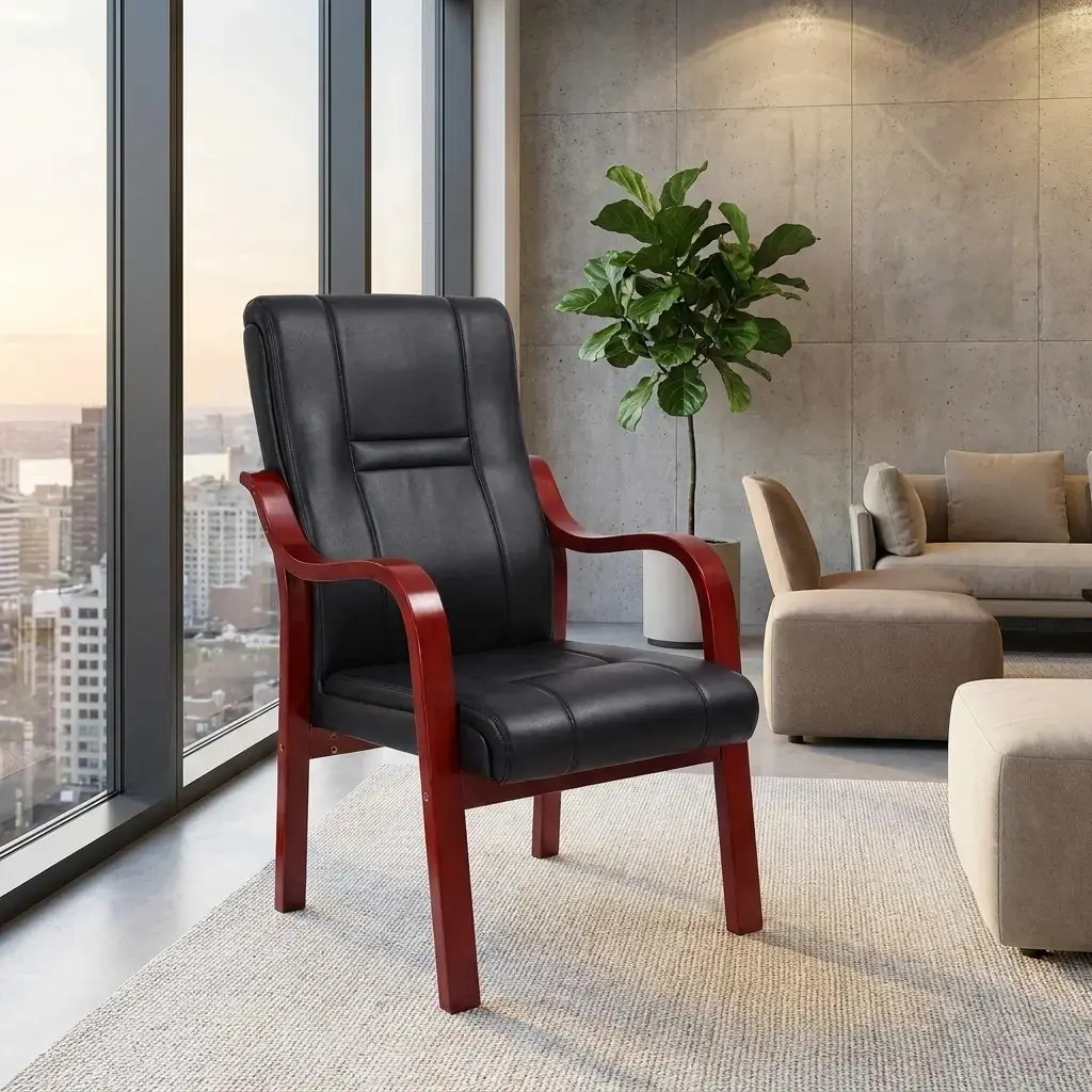 Black leather executive guest chair with mahogany wood frame in a modern office showroom.