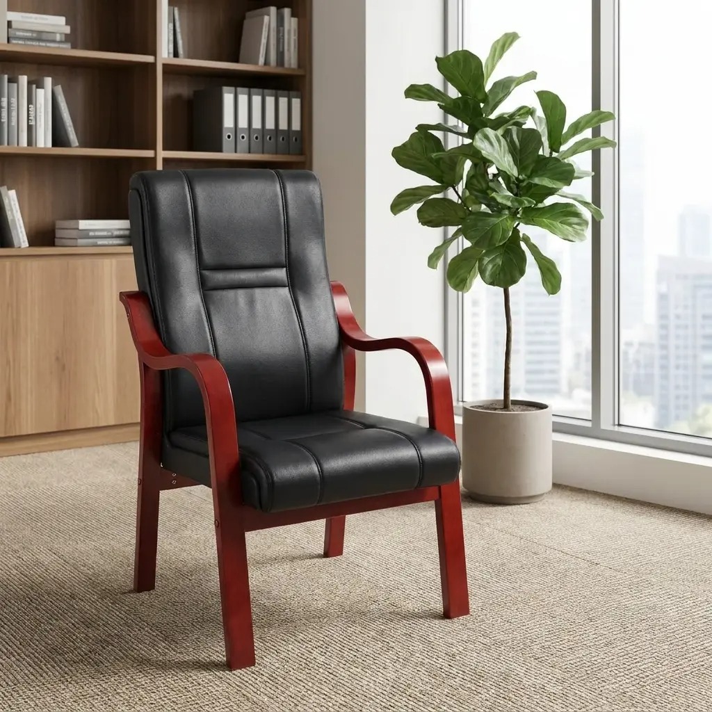 Premium black leather executive guest chair with solid mahogany wood frame and contoured high-back support in a professional office setting.