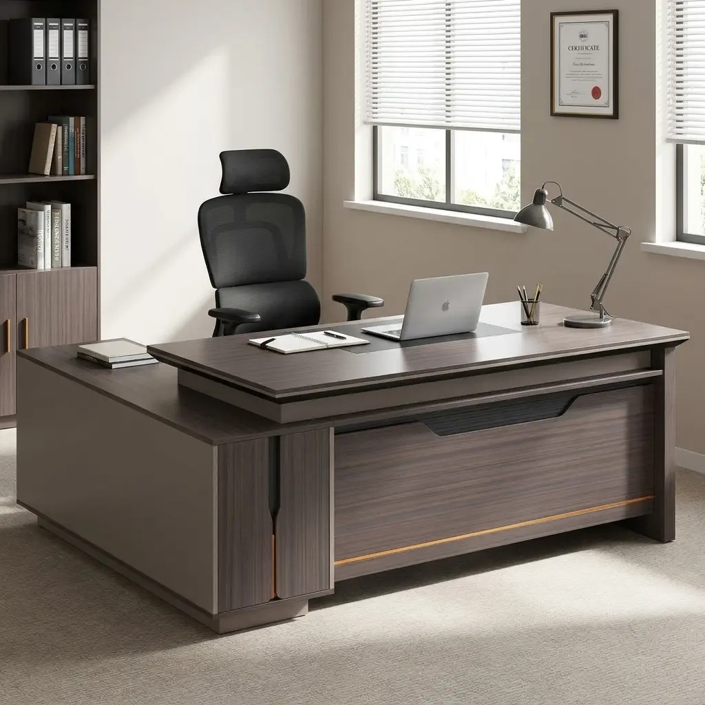 Modern 1.6m L-shaped executive office desk in a dark walnut wood finish, featuring a tiered floating tabletop design, integrated side return for storage, and a professional decorative front modesty panel.