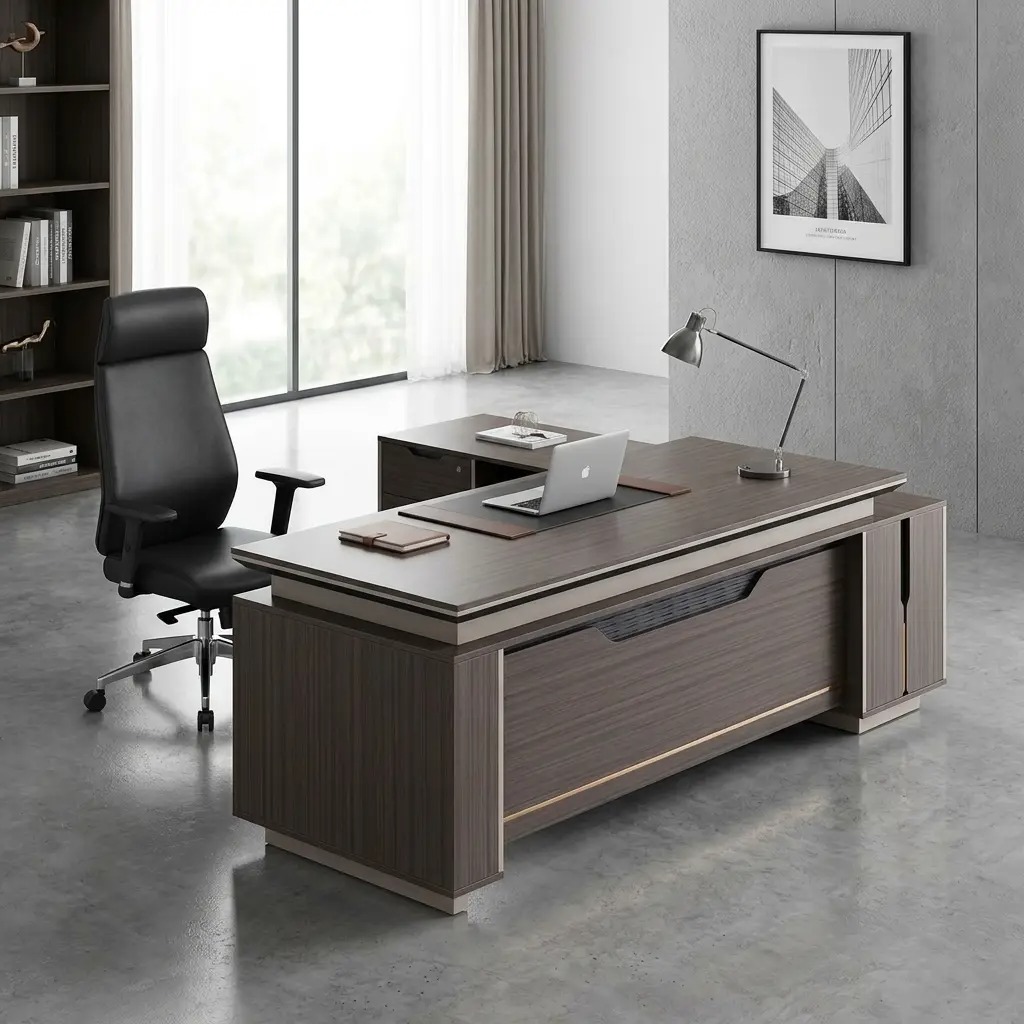 Modern 1.6m L-shaped executive office desk in a dark walnut wood finish, featuring a tiered floating tabletop design, integrated side return for storage, and a professional decorative front modesty panel.
