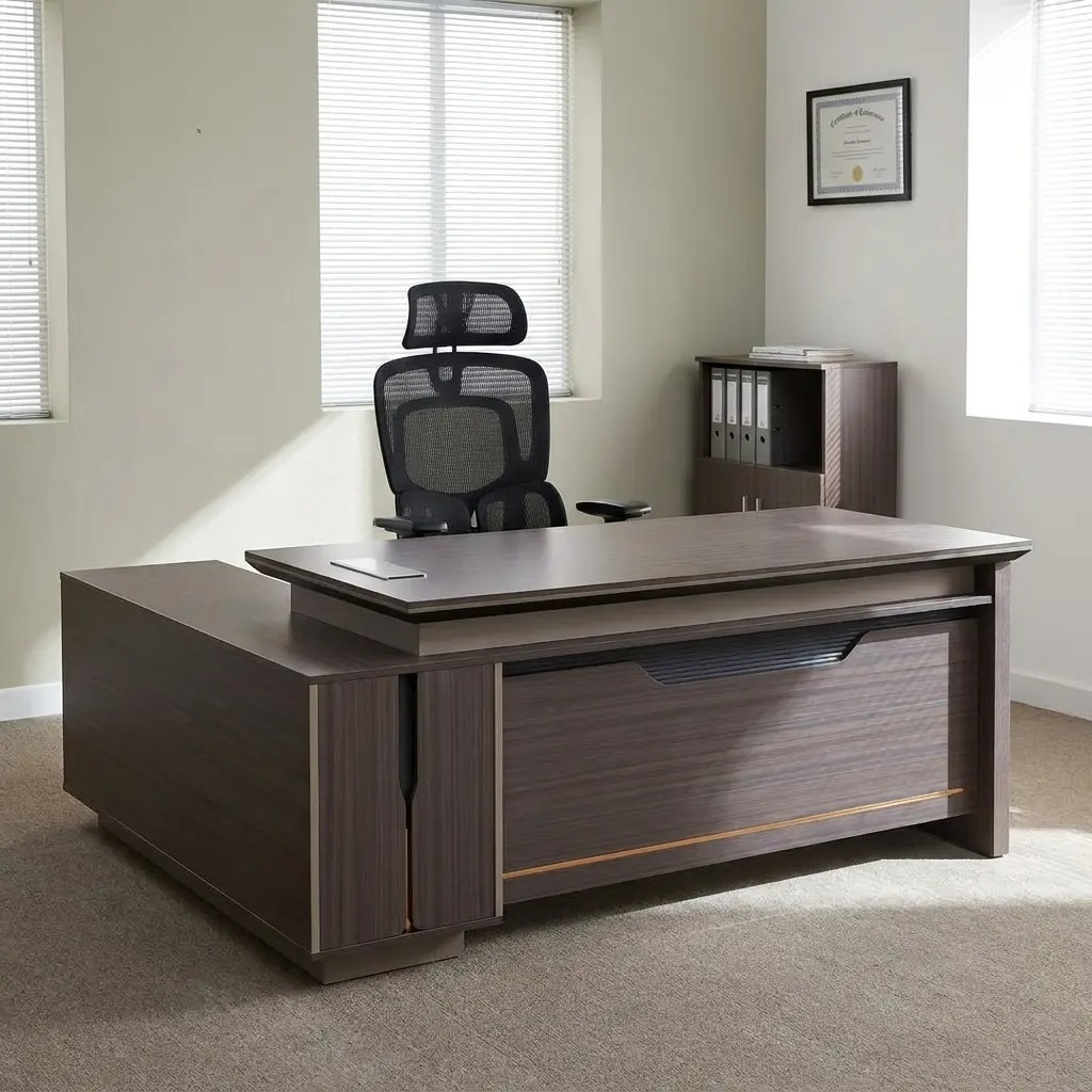 Modern 1.6m L-shaped executive office desk in a dark walnut wood finish, featuring a tiered floating tabletop design, integrated side return for storage, and a professional decorative front modesty panel.