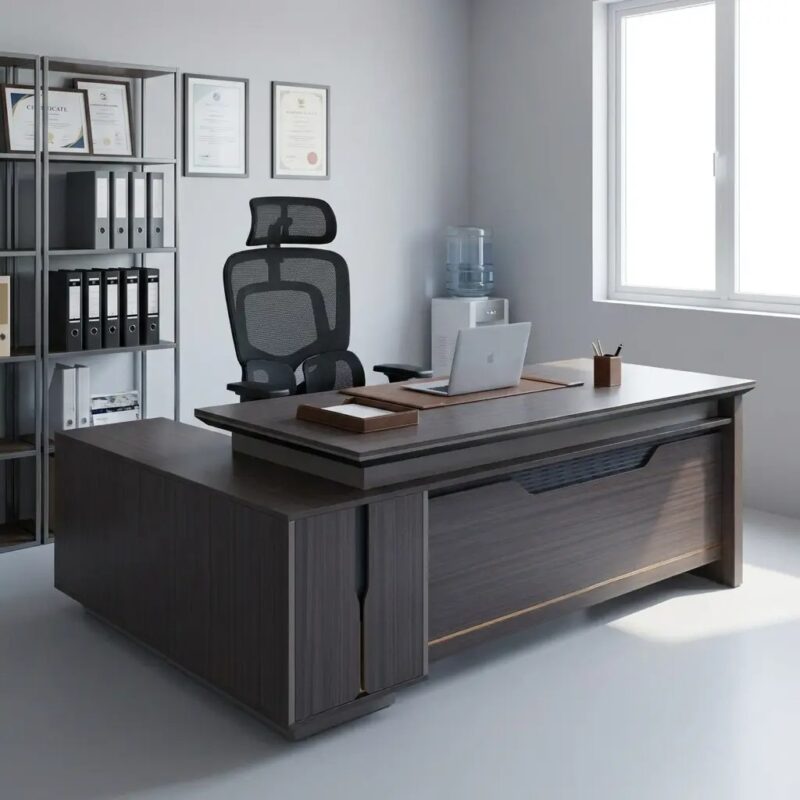 Modern 1.6m L-shaped executive office desk in a dark walnut wood finish, featuring a tiered floating tabletop design, integrated side return for storage, and a professional decorative front modesty panel.
