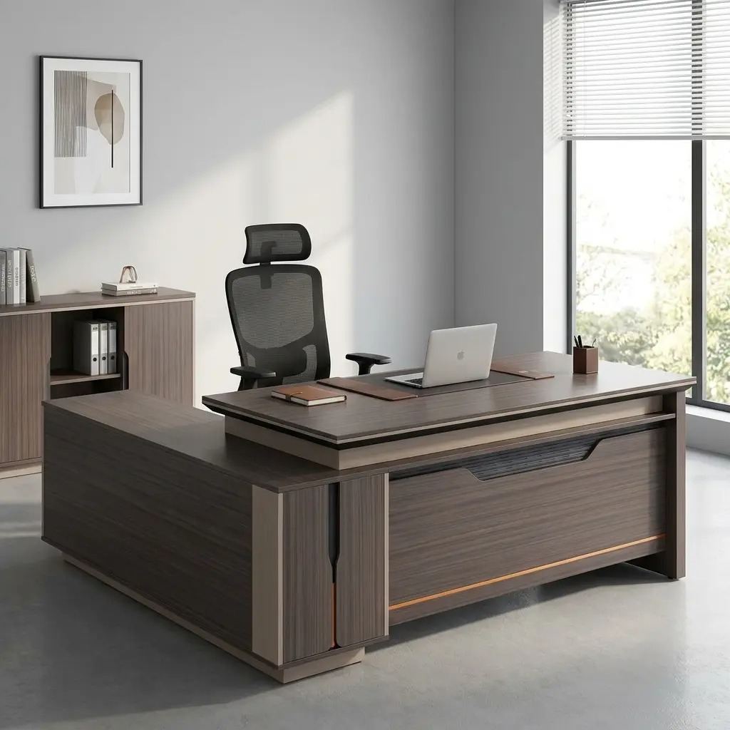 Modern 1.6m L-shaped executive office desk in a dark walnut wood finish, featuring a tiered floating tabletop design, integrated side return for storage, and a professional decorative front modesty panel.