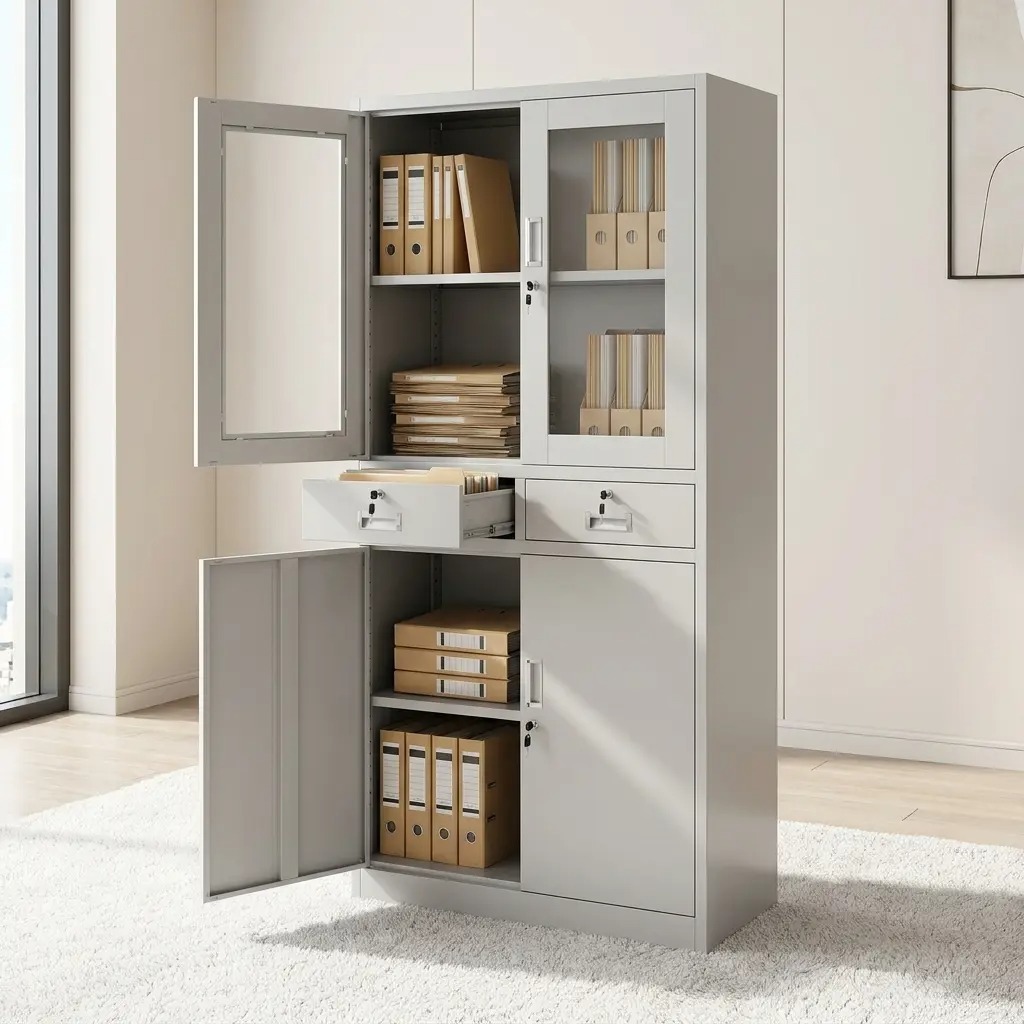 Industrial light grey metal office cabinet featuring locking glass doors, two central drawers, and a lower storage compartment with integrated shelving for professional document organization.