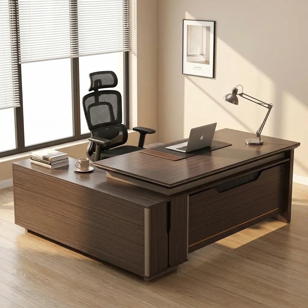Modern 1.6m L-shaped executive office desk in a dark walnut wood finish, featuring a tiered floating tabletop design, integrated side return for storage, and a professional decorative front modesty panel.