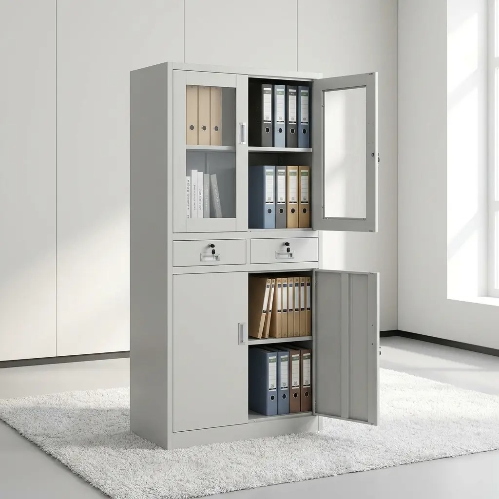 Industrial light grey metal office cabinet featuring locking glass doors, two central drawers, and a lower storage compartment with integrated shelving for professional document organization.