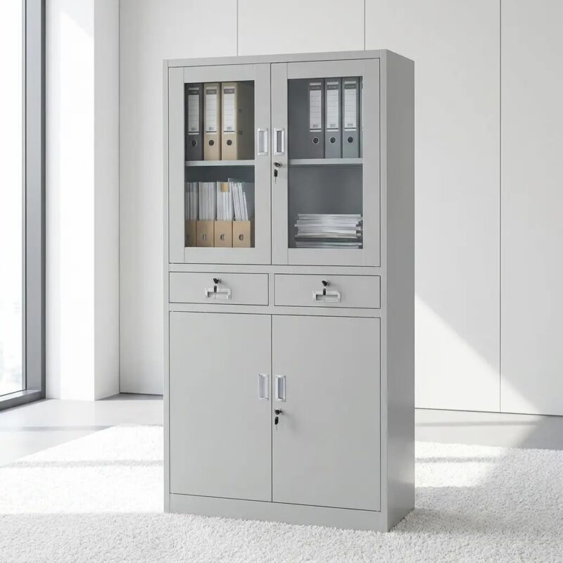 Professional light grey steel office storage cabinet featuring upper locking glass-panel doors, two central utility drawers, and a solid metal lower cupboard.