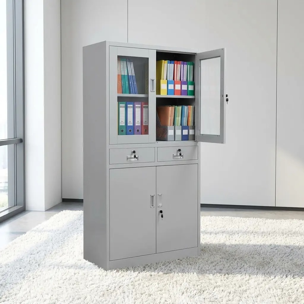 Industrial light grey metal office cabinet featuring locking glass doors, two central drawers, and a lower storage compartment with integrated shelving for professional document organization.