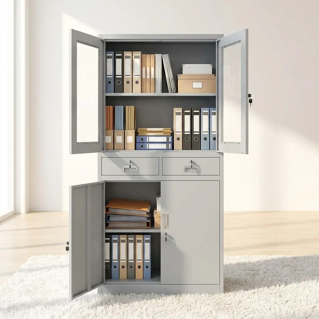 Professional light grey steel office storage cabinet featuring upper locking glass-panel doors, two central utility drawers, and a solid metal lower cupboard.