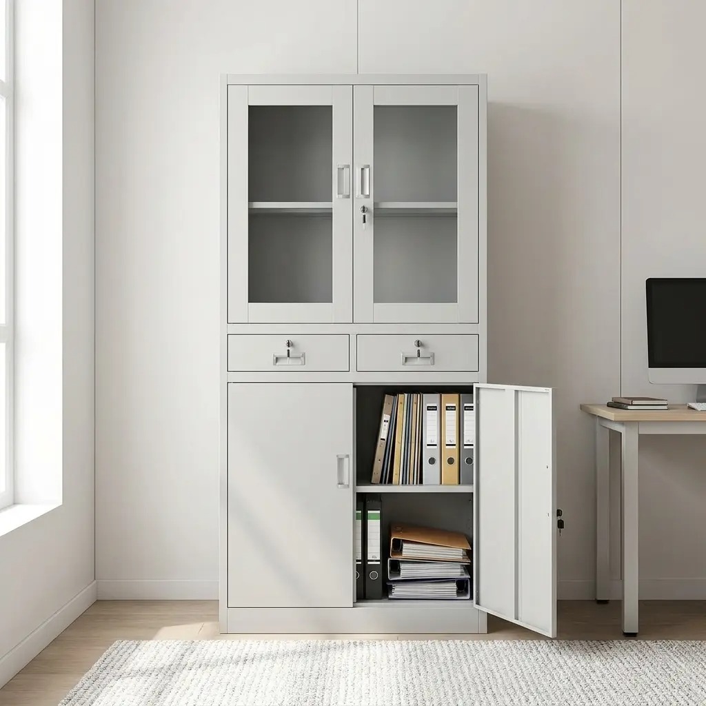 Professional light grey steel office storage cabinet featuring upper locking glass-panel doors, two central utility drawers, and a solid metal lower cupboard.
