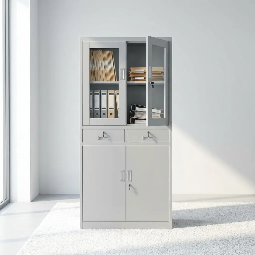 Professional light grey steel office storage cabinet featuring upper locking glass-panel doors, two central utility drawers, and a solid metal lower cupboard.