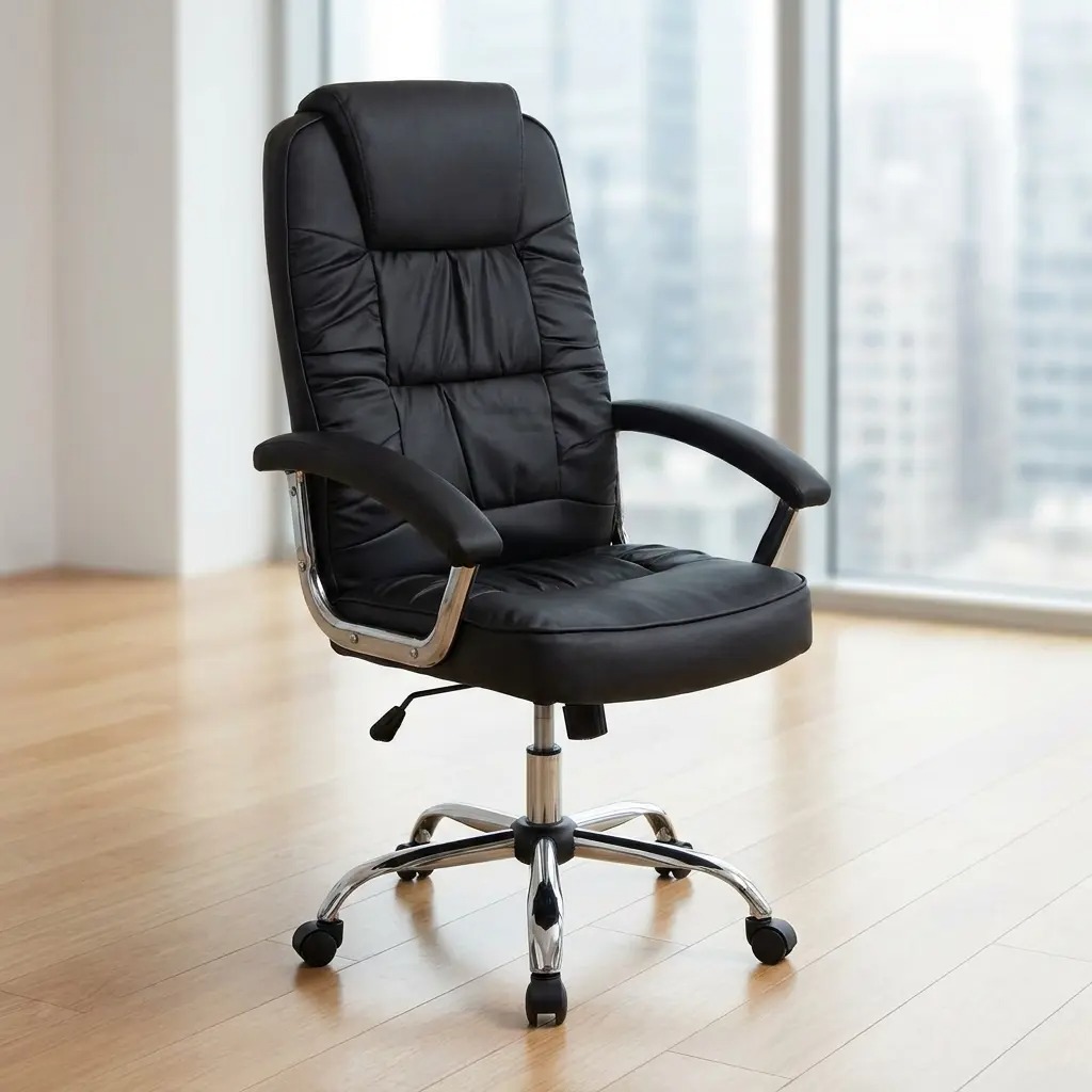 Ergonomic high-back executive office chair in premium black leather with a polished chrome swivel base and padded armrests, styled in a modern professional office setting.