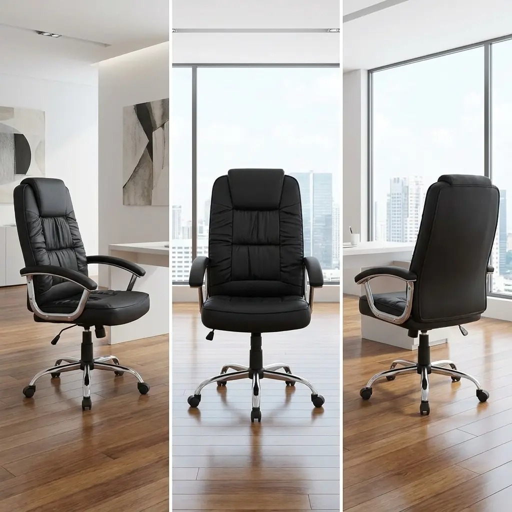 Ergonomic high-back executive office chair in premium black leather with a polished chrome swivel base and padded armrests, styled in a modern professional office setting.