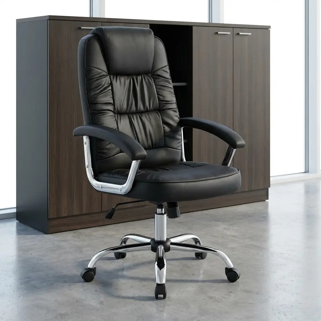 Ergonomic high-back executive office chair in premium black leather with a polished chrome swivel base and padded armrests, styled in a modern professional office setting.