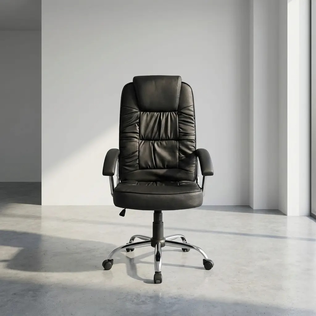 Ergonomic high-back executive office chair in premium black leather with a polished chrome swivel base and padded armrests, styled in a modern professional office setting.