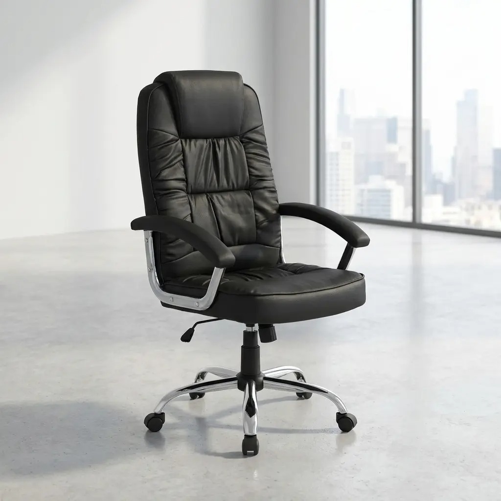 Ergonomic high-back executive office chair in premium black leather with a polished chrome swivel base and padded armrests, styled in a modern professional office setting.