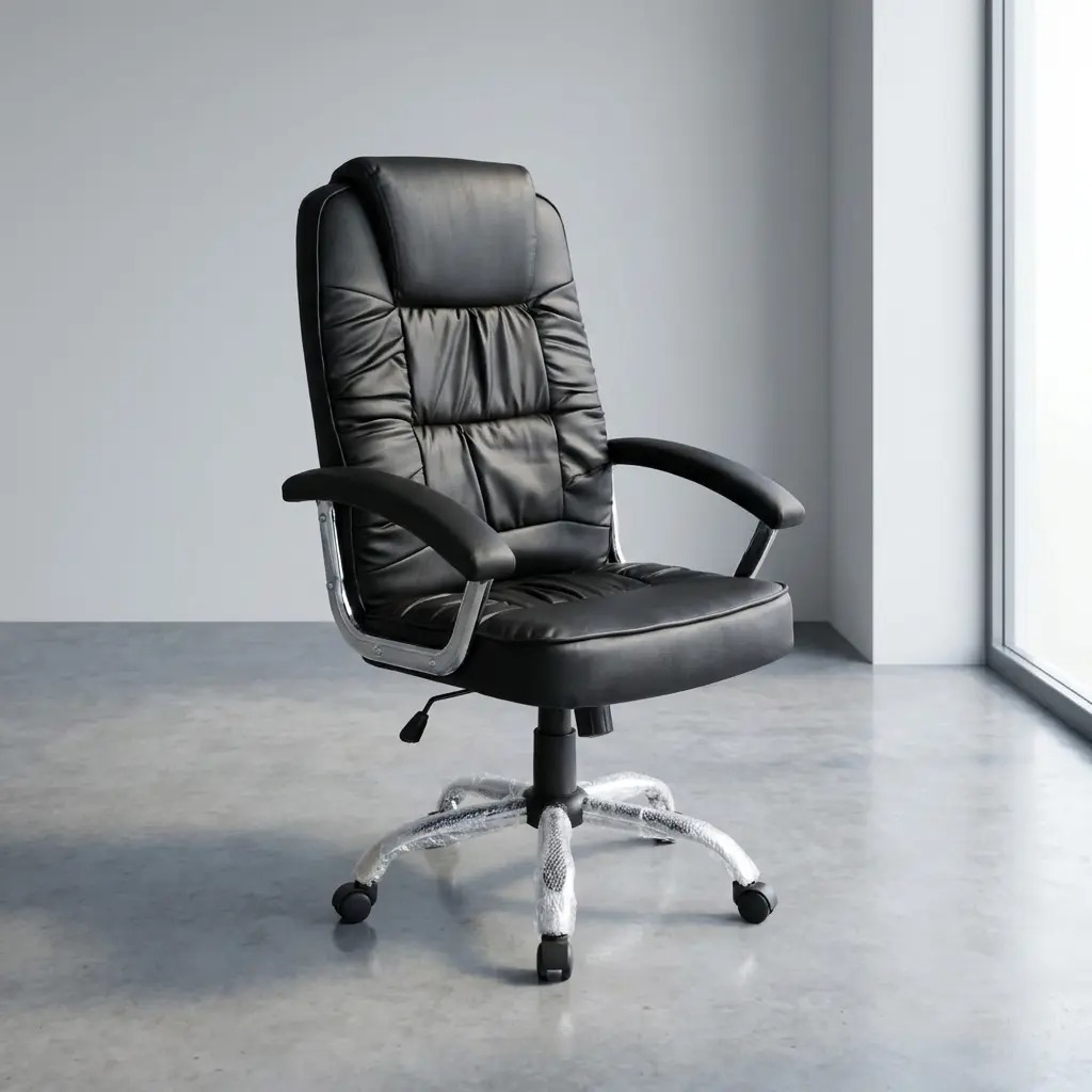 Ergonomic high-back executive office chair in premium black leather with a polished chrome swivel base and padded armrests, styled in a modern professional office setting.