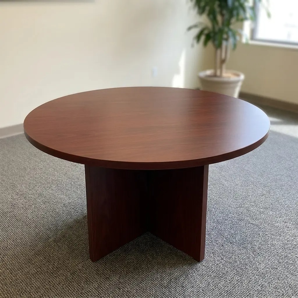 Classic round wooden conference table with a rich cherry wood finish and a sturdy cross-base pedestal, designed for professional meeting rooms and executive offices.
