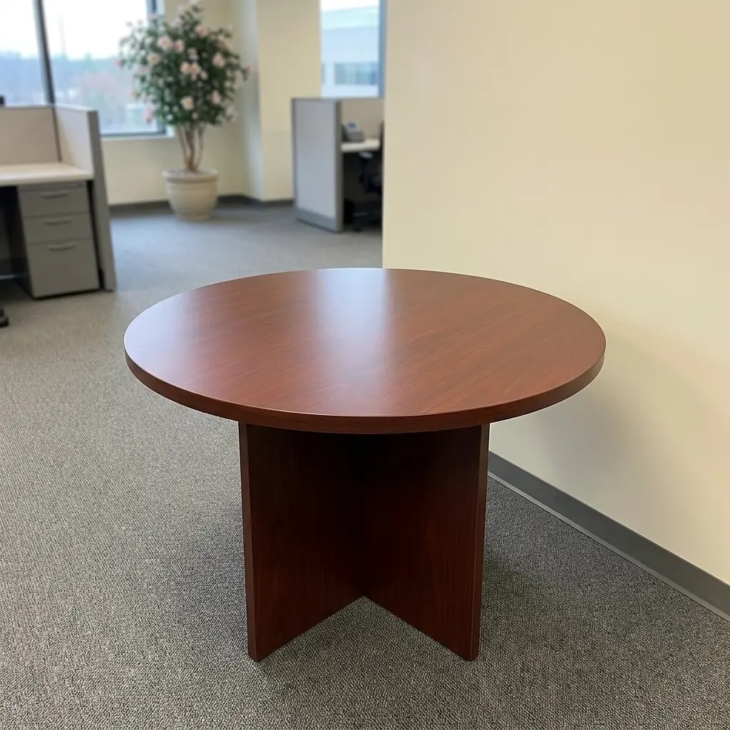 Classic round wooden conference table with a rich cherry wood finish and a sturdy cross-base pedestal, designed for professional meeting rooms and executive offices.