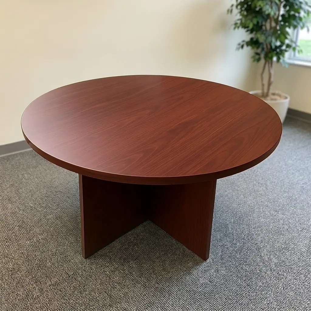 Classic round wooden conference table with a rich cherry wood finish and a sturdy cross-base pedestal, designed for professional meeting rooms and executive offices.