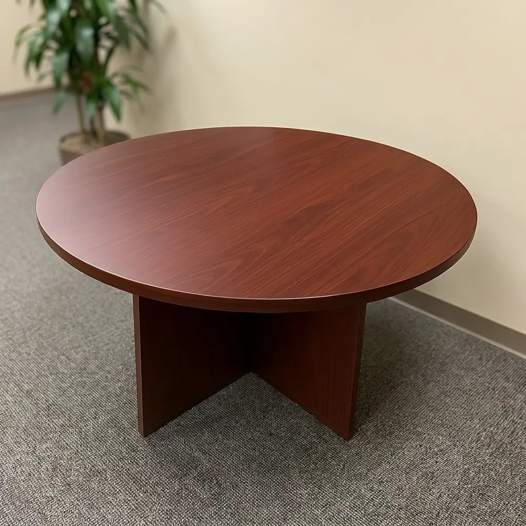 Classic round wooden conference table with a rich cherry wood finish and a sturdy cross-base pedestal, designed for professional meeting rooms and executive offices.