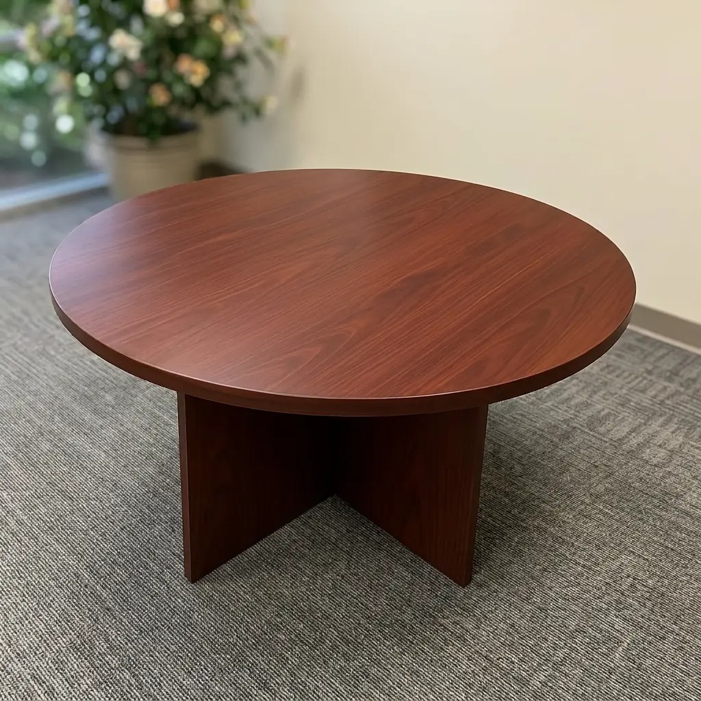 Classic round wooden conference table with a rich cherry wood finish and a sturdy cross-base pedestal, designed for professional meeting rooms and executive offices.