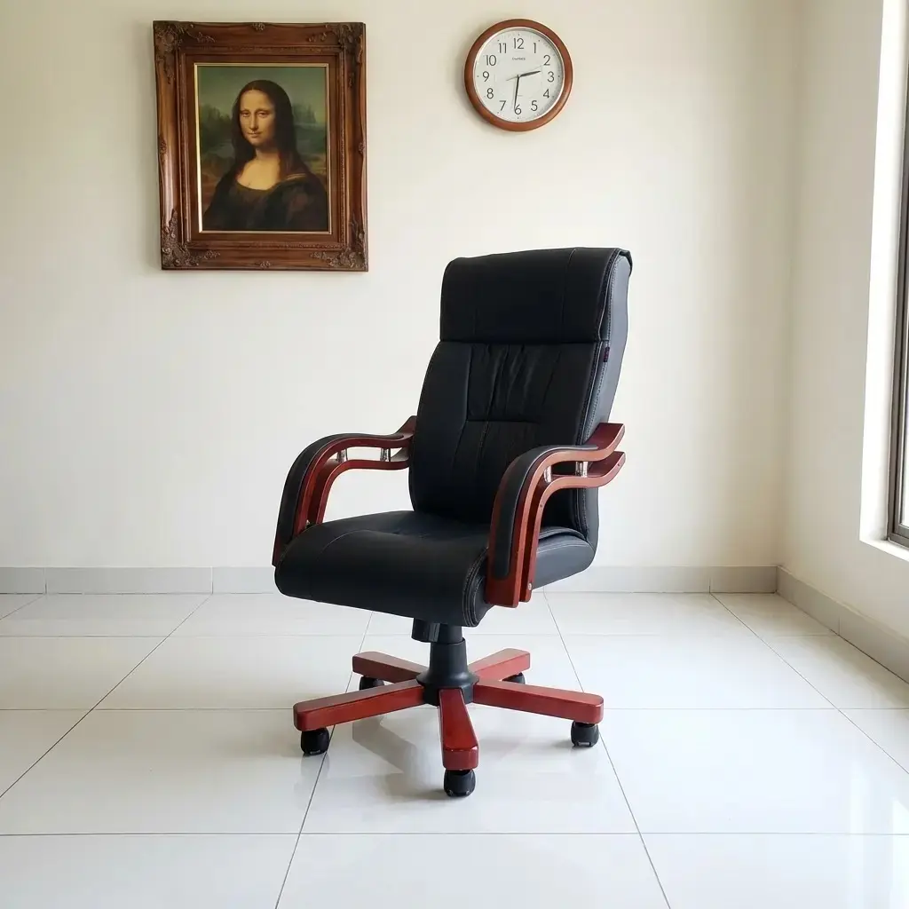 Luxurious high-back executive office chair in premium black leather with elegant mahogany-finish wood armrests and a matching five-star swivel base, set in a professional minimalist office.
