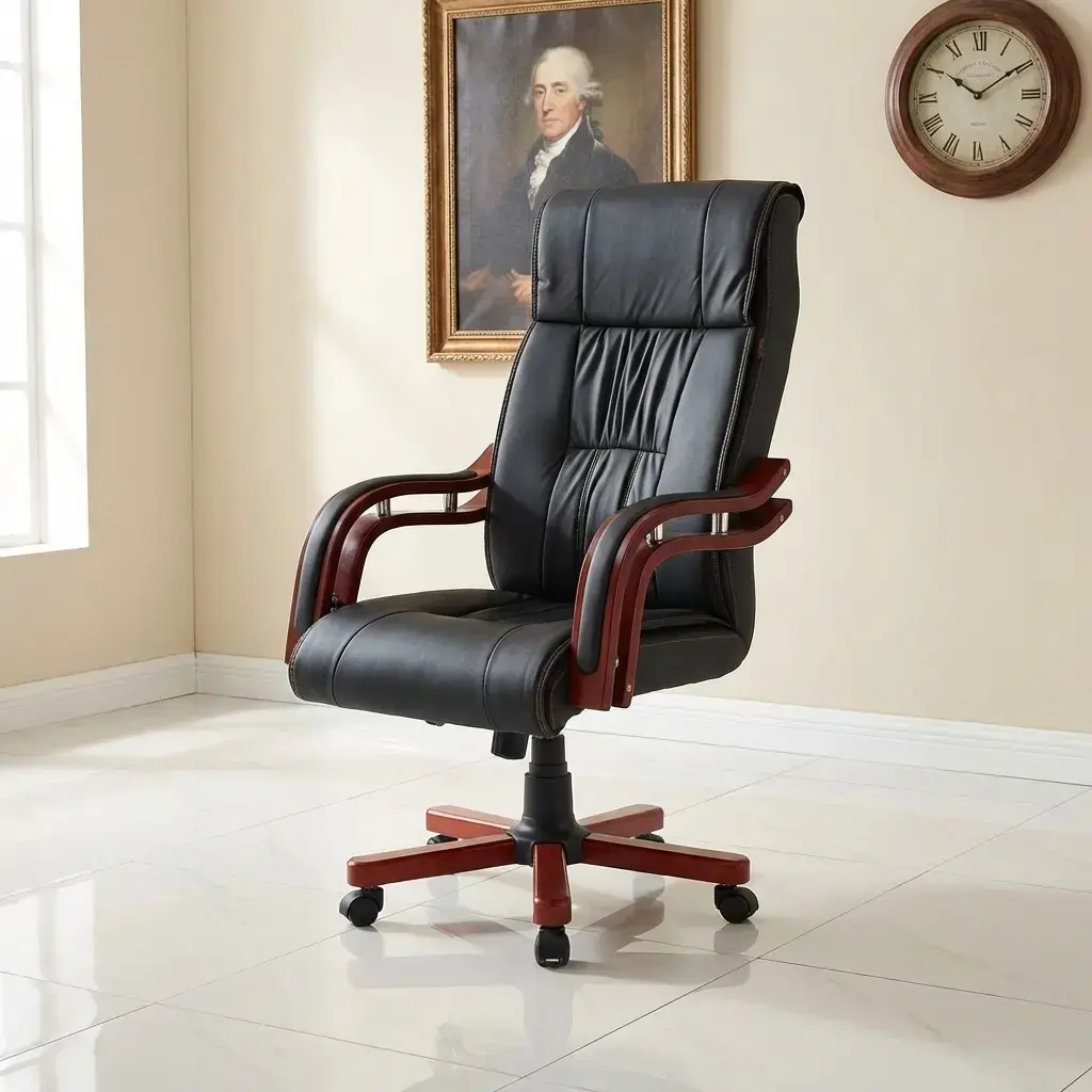 Luxurious high-back executive office chair in premium black leather with elegant mahogany-finish wood armrests and a matching five-star swivel base, set in a professional minimalist office.