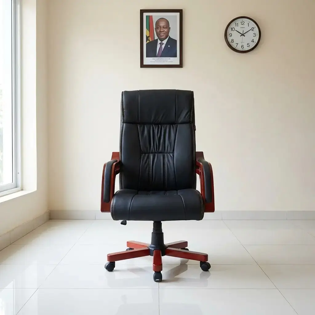 Luxurious high-back executive office chair in premium black leather with elegant mahogany-finish wood armrests and a matching five-star swivel base, set in a professional minimalist office.