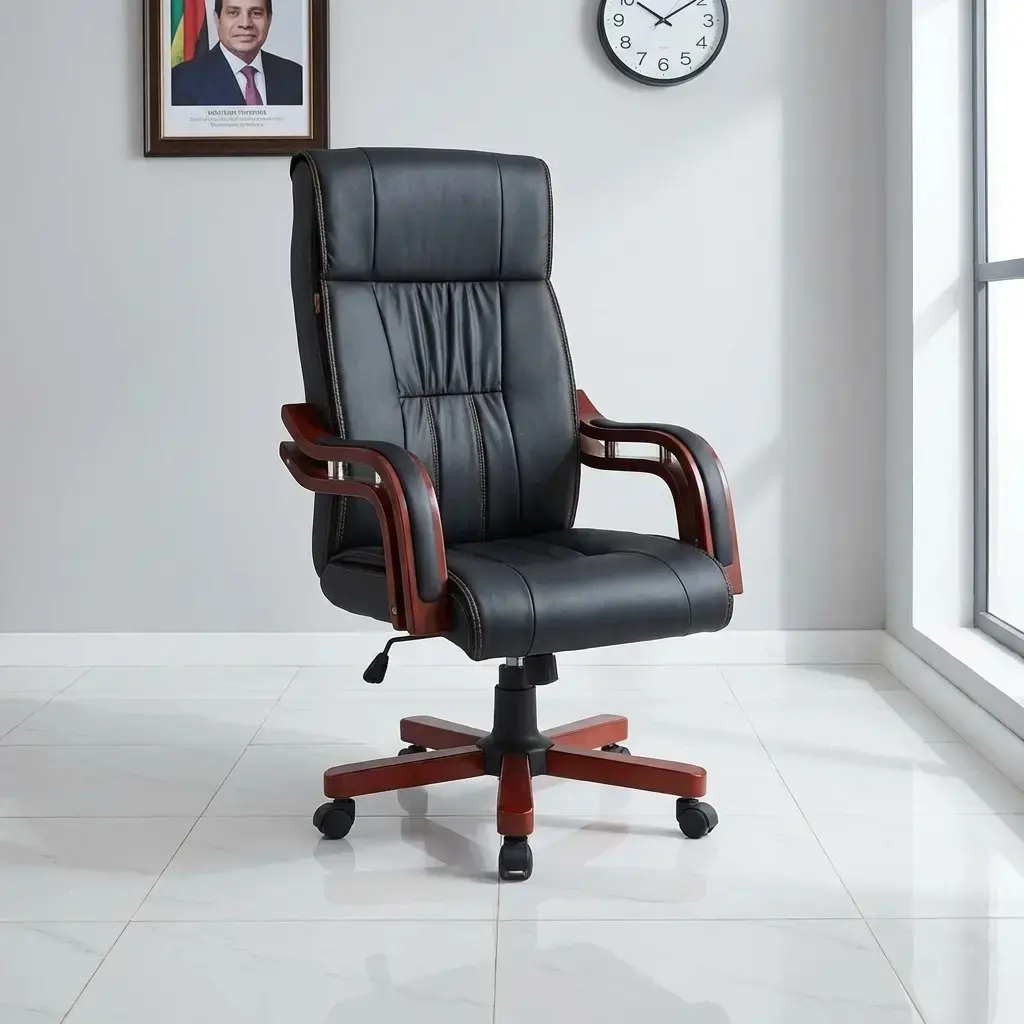 Luxurious high-back executive office chair in premium black leather with elegant mahogany-finish wood armrests and a matching five-star swivel base, set in a professional minimalist office.