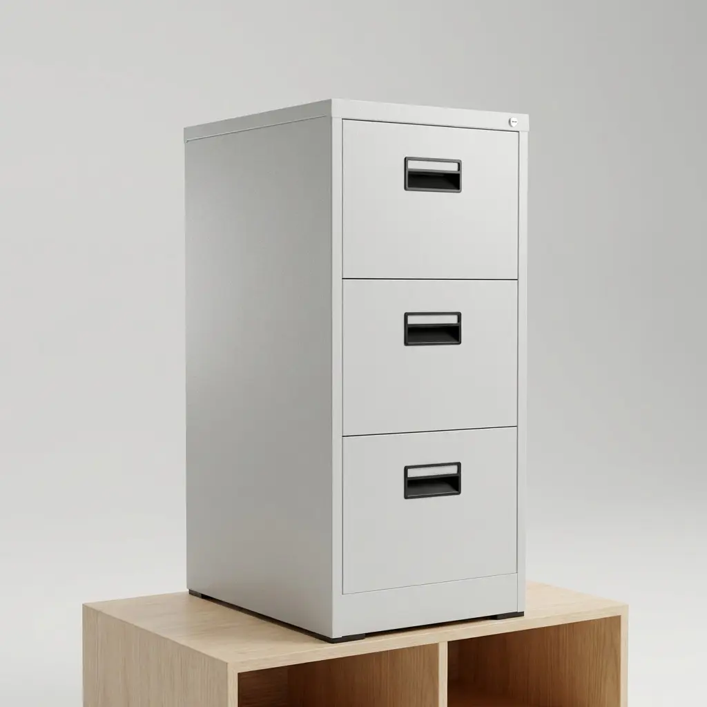 Industrial light grey 3-drawer metal filing cabinet with a central lock and recessed black handles, designed for vertical document storage in professional offices.