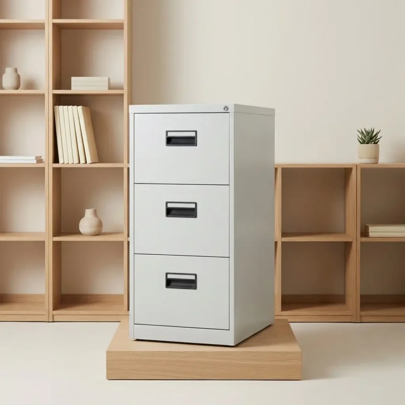 Industrial light grey 3-drawer metal filing cabinet with a central lock and recessed black handles, designed for vertical document storage in professional offices.