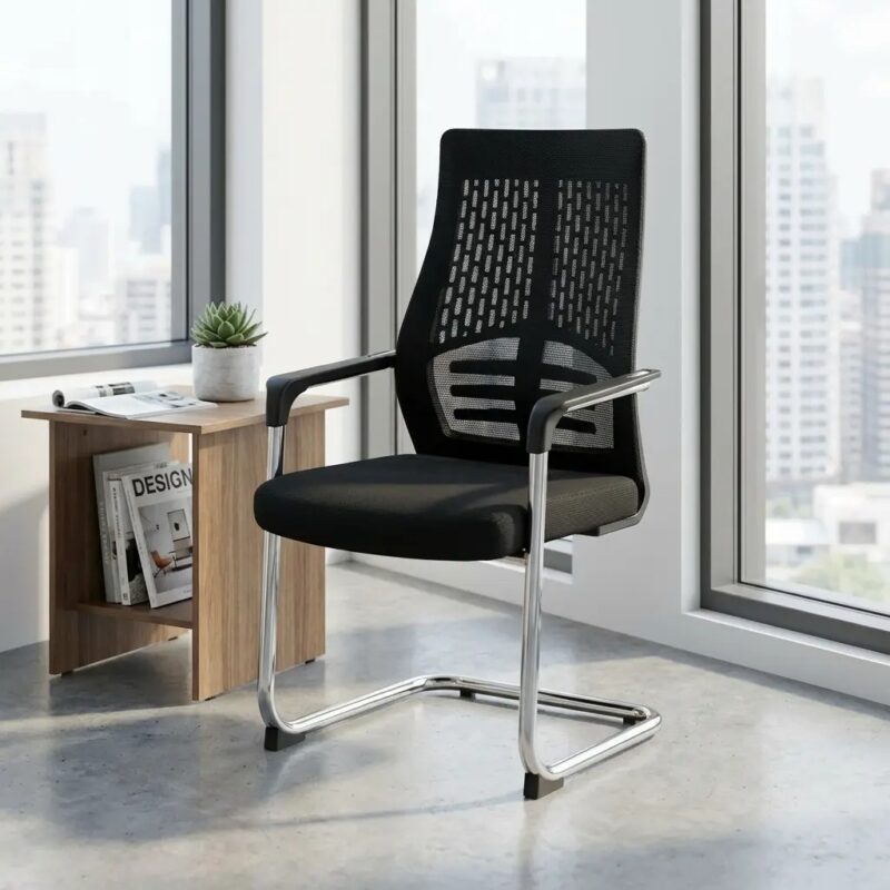 Ergonomic high-back visitor chair featuring a breathable black mesh backrest with integrated lumbar support, a padded fabric seat, and a sleek chrome cantilever frame.