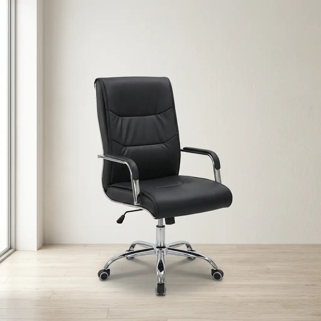 High-back luxury executive office chair in premium black leather with a polished chrome swivel base and ergonomic padded armrests, perfect for professional or home office workspaces.