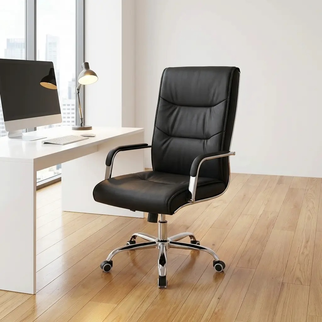 High-back luxury executive office chair in premium black leather with a polished chrome swivel base and ergonomic padded armrests, perfect for professional or home office workspaces.
