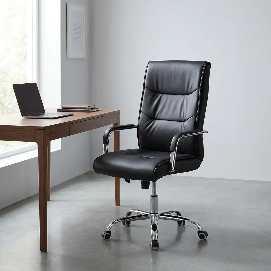 High-back luxury executive office chair in premium black leather with a polished chrome swivel base and ergonomic padded armrests, perfect for professional or home office workspaces.