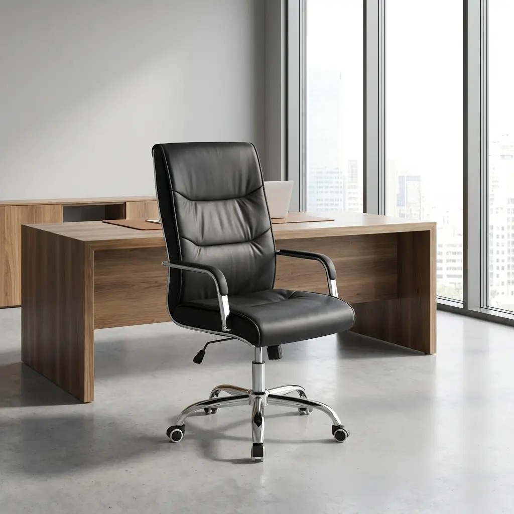High-back luxury executive office chair in premium black leather with a polished chrome swivel base and ergonomic padded armrests, perfect for professional or home office workspaces.