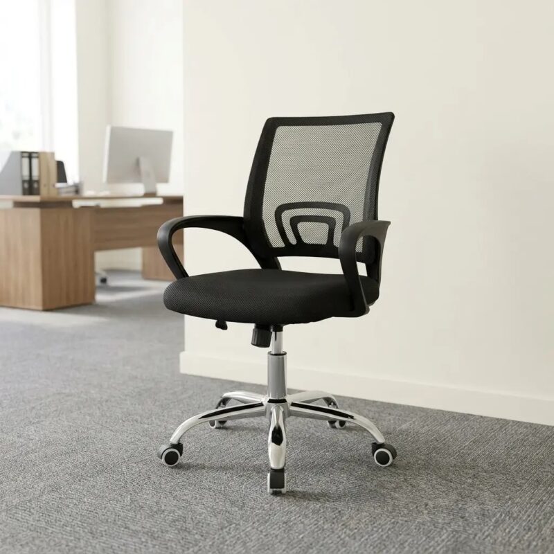 Ergonomic black mesh task chair with lumbar support, padded seat, and chrome swivel base, ideal for modern office workstations and home studies.