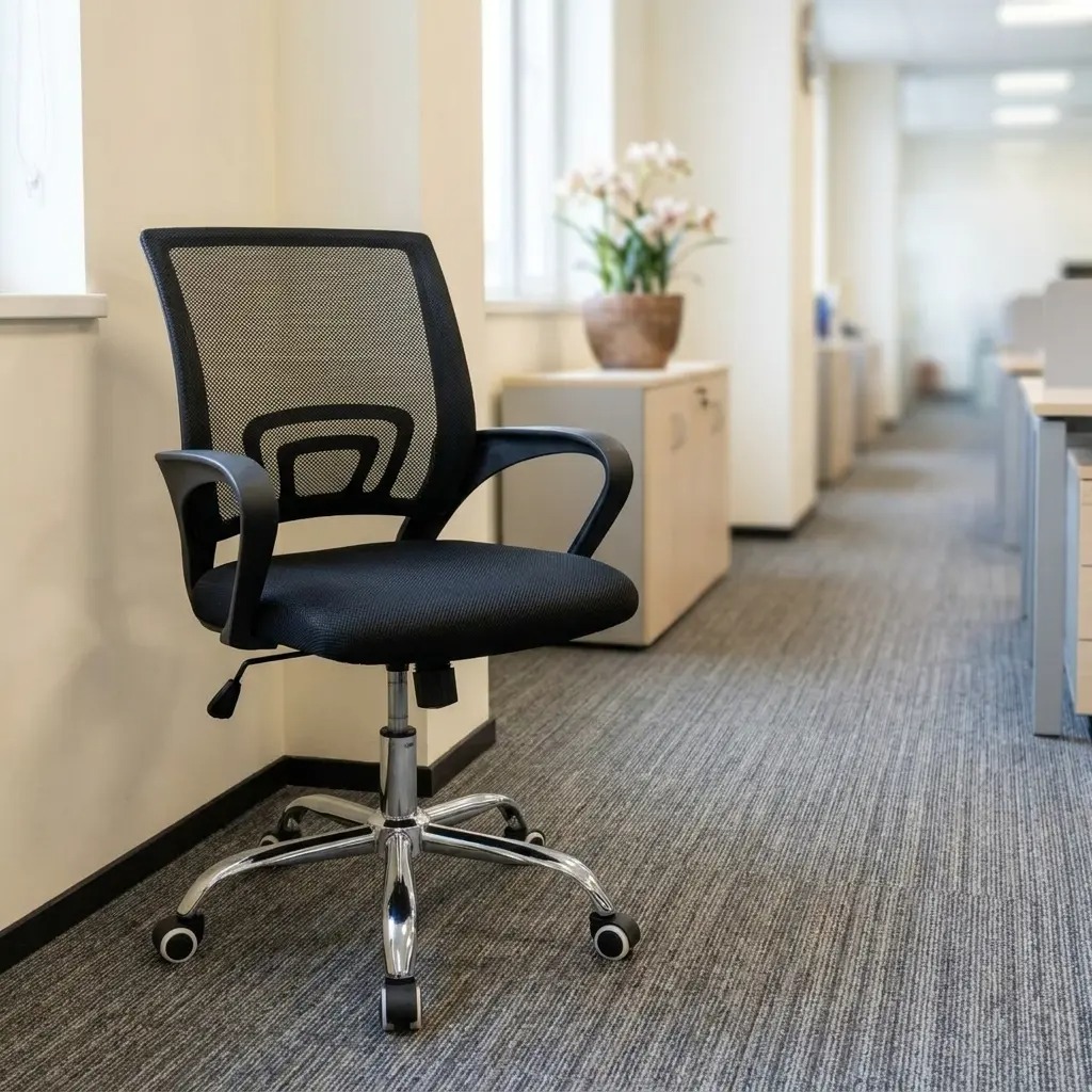 Ergonomic black mesh task chair with lumbar support, padded seat, and chrome swivel base, ideal for modern office workstations and home studies.