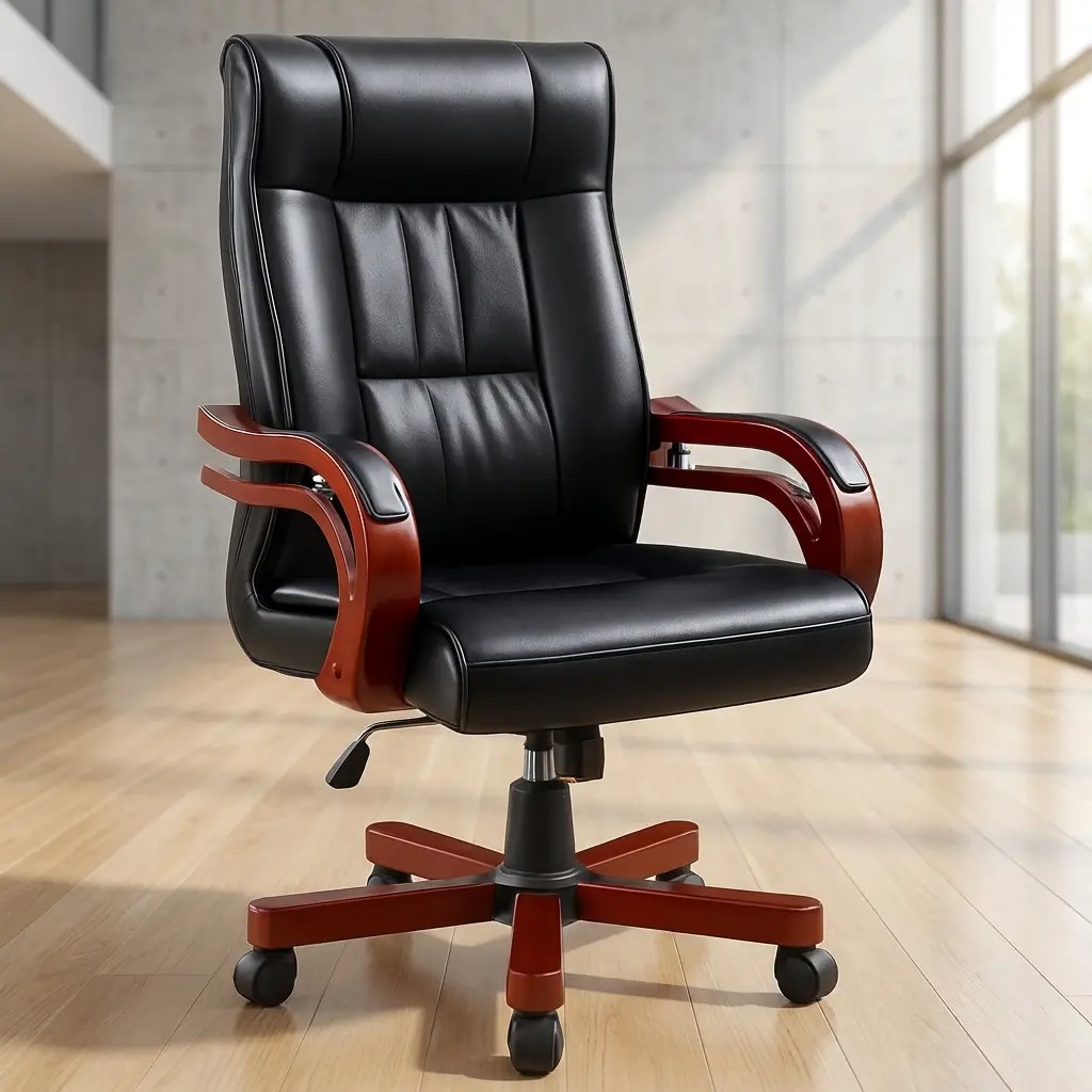 Luxurious high-back executive chair in premium black leather with elegant mahogany-finish wood accents and a matching five-star swivel base, set in a modern sunlit office.