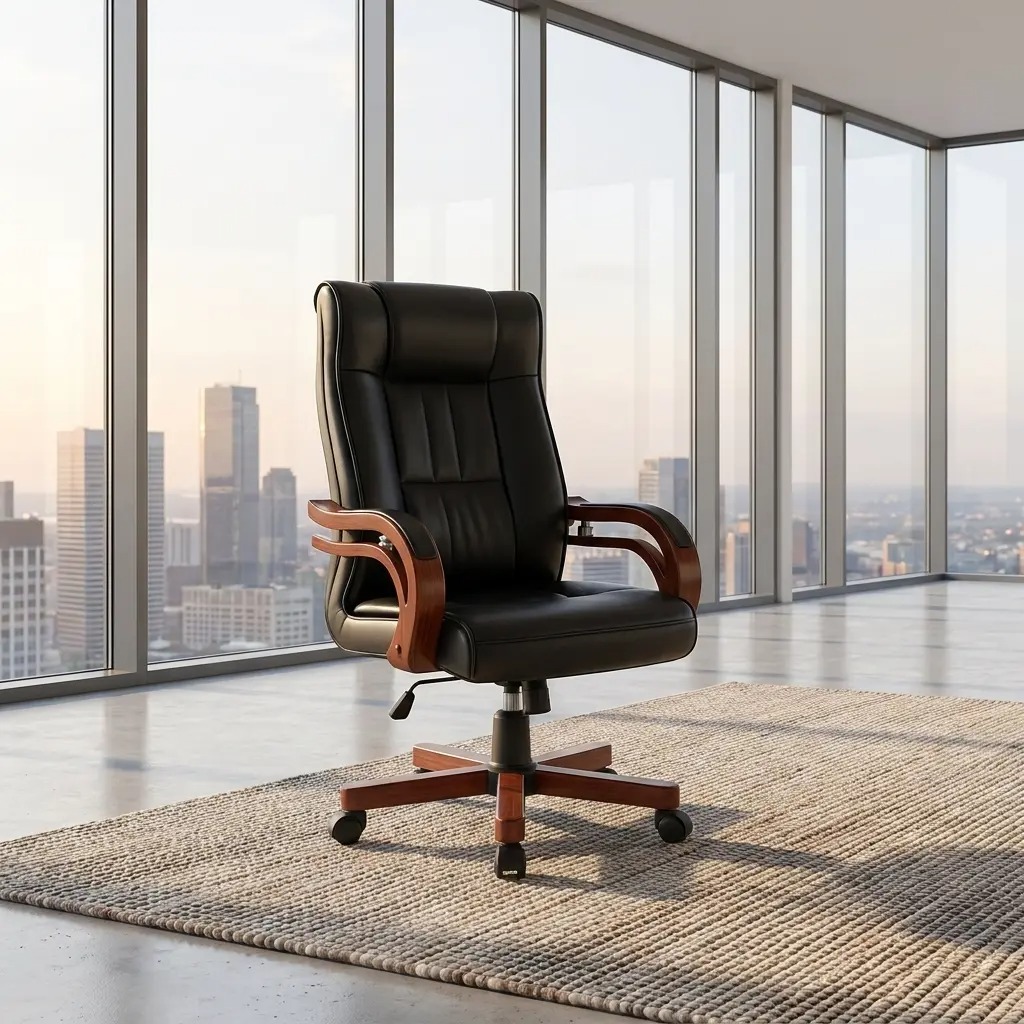 Luxurious high-back executive chair in premium black leather with elegant mahogany-finish wood accents and a matching five-star swivel base, set in a modern sunlit office.